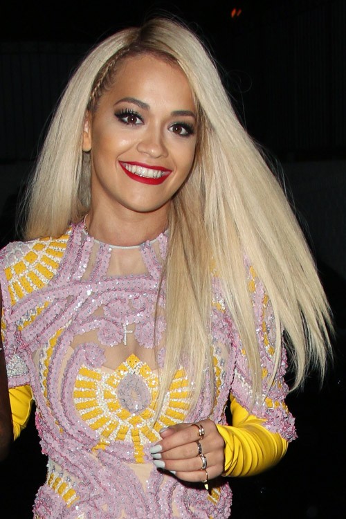 Rita Ora Straight Platinum Blonde Dark Roots, Flat-Ironed 