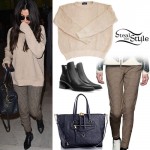 Selena Gomez: Beige Sweater, Checked Pants