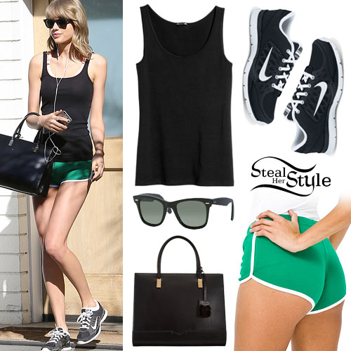 Taylor Swift: Black Tank Top, Green Shorts