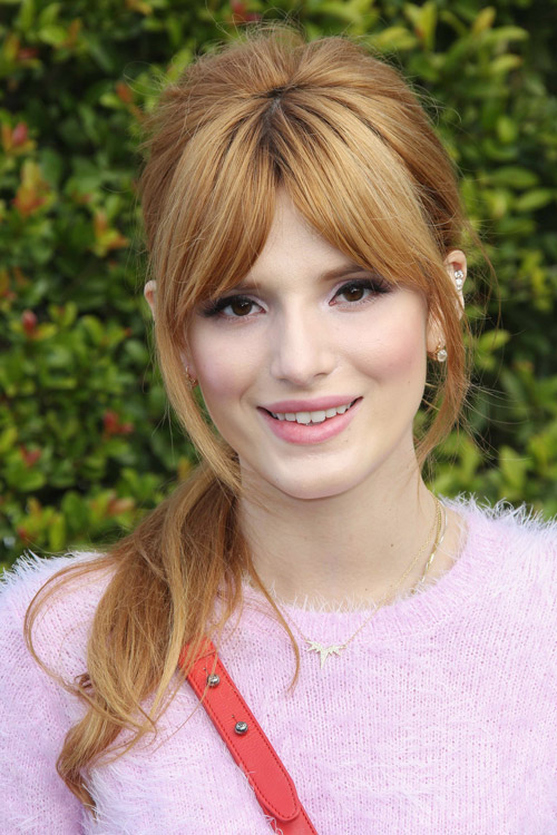 Bella Thorne Straight Ginger Curved Bangs, High Ponytail 