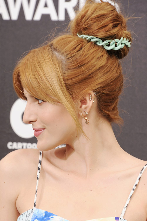 Bella Thorne Straight Ginger Bun, Curved Bangs, Updo 