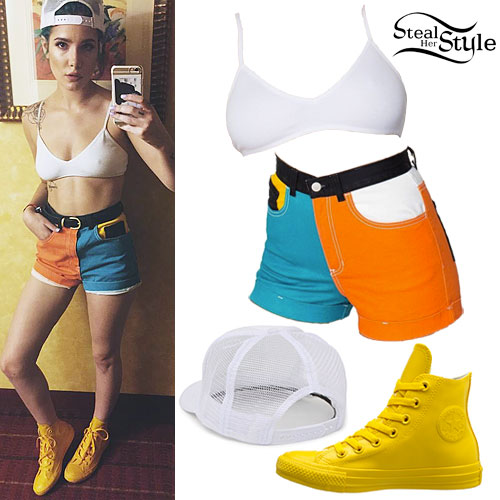 Halsey: Colorblock Shorts, Yellow Sneakers