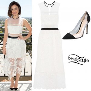Lucy Hale: Embroidered Dress, Clear PVC Pumps | Steal Her Style