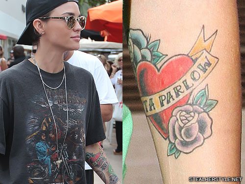 Ruby Rose Banner, Flower, Heart, Name, Rose Forearm Tattoo | Steal Her Style