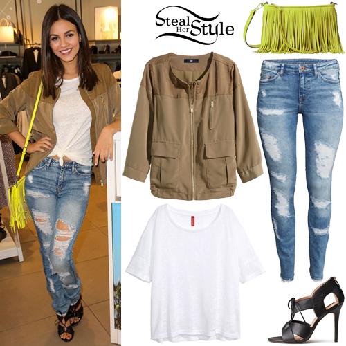 Victoria Justice Beige Jacket Ripped Jeans Steal Her Style