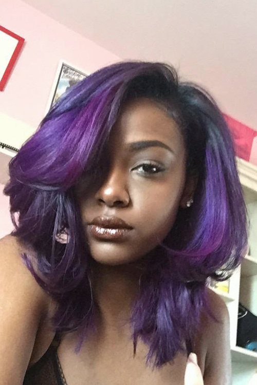 Justine Skye Straight Purple Chin-Length Layers, Uneven Color Hairstyle ...