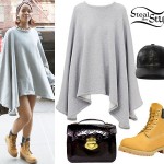 Rihanna: Grey Poncho, Leather Cap