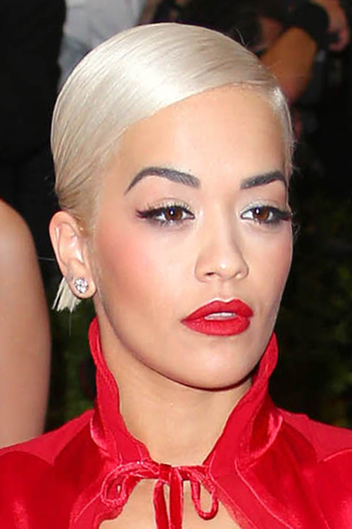 Rita Ora Straight Platinum Blonde Bun, Slicked Back, Updo 