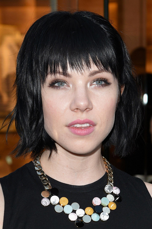 Carly Rae Jepsen Straight Black Bob, Choppy Bangs, Layered 