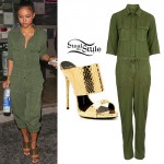 Karrueche Tran: Olive Jumpsuit, Gold Mules