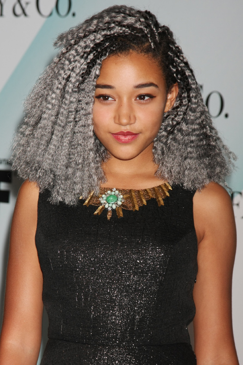 Amandla Stenberg Curly Silver Afro, Dark Roots Hairstyle | Steal Her Style