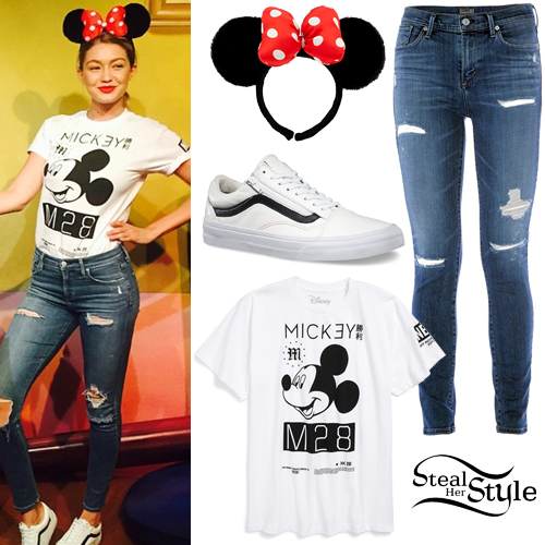 Gigi Hadid Mickey T Shirt Ripped Jeans Steal Her Style