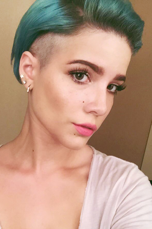 Halsey Straight Green Undercut, Uneven Color Hairstyle 