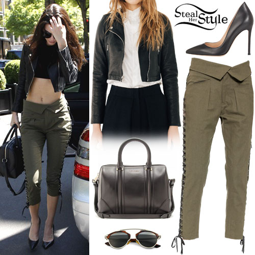 Kendall Jenner: Leather Jacket, Green Pants | Steal Her Style