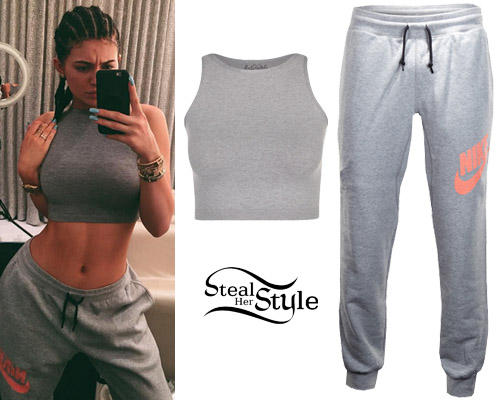 Kylie Jenner in grey sweatpants and white crop top on October 7