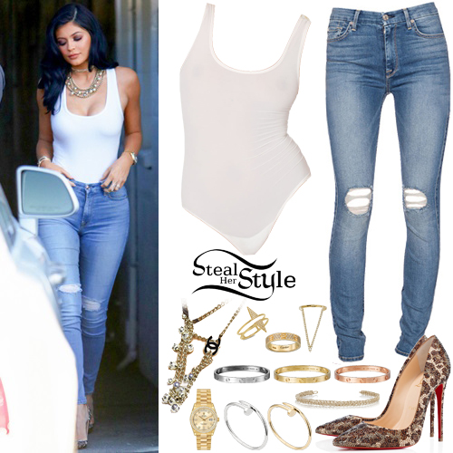Kylie Jenner: White Bodysuit, Ripped Jeans