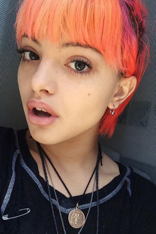 Nia Lovelis Straight Orange Choppy Bangs, Uneven Color 