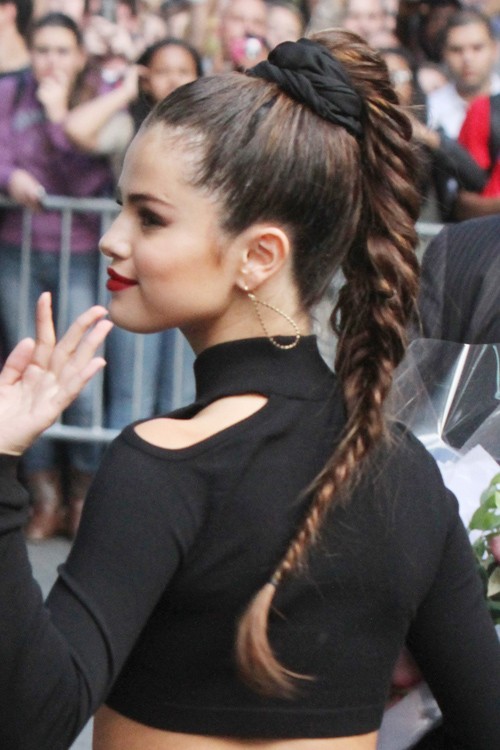 Selena Gomez Straight Fishtail Braid, High Ponytail 