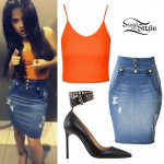 Becky G: Orange Tank, Denim Skirt