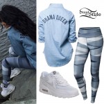 Becky G: Denim Shirt, Stripe Leggings