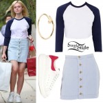 Elle Fanning: Raglan Tee, Denim Skirt