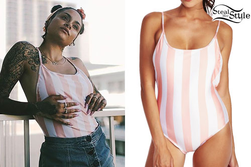 Kehlani: Peach Striped Swimsuit