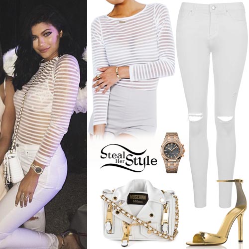 Kylie Jenner: Sheer-Stripe Top, White Jeans | Steal Her Style