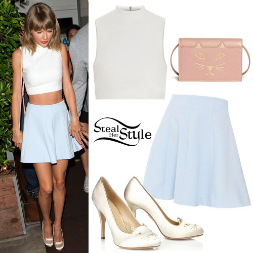 white crop top with blue skirt