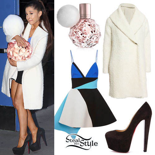 Ariana Grande: Fuzzy Coat, Colorblock Dress