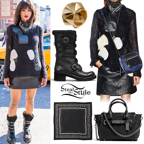 Ciara: Patchwork Sweater, Moto Boots