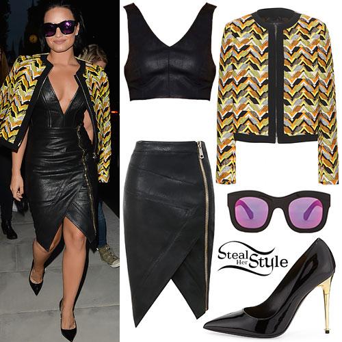 Demi Lovato: Zig-Zag Jacket, Leather Skirt