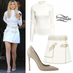 Kylie Jenner: White Turtleneck, Belted Skirt