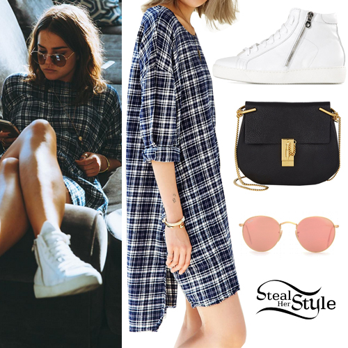 Maia Mitchell: Plaid Dress, White Sneakers | Steal Her Style