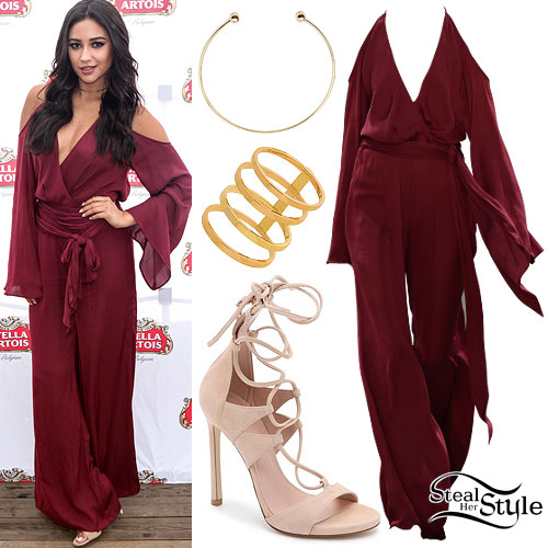 Shay Mitchell: Burgundy Jumpsuit | Steal Her Style