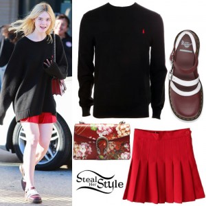 Elle Fanning: Black Sweater, Red Floral Bag | Steal Her Style