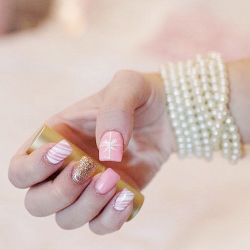 Gabi DeMartino Light Pink, White Bows, Glitter, Stripes Nails | Steal ...
