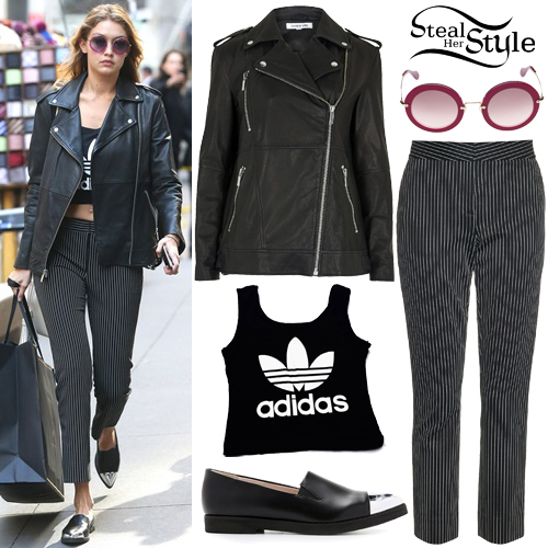 Gigi Hadid: Leather Jacket, Pinstriped Pants | Steal Her Style