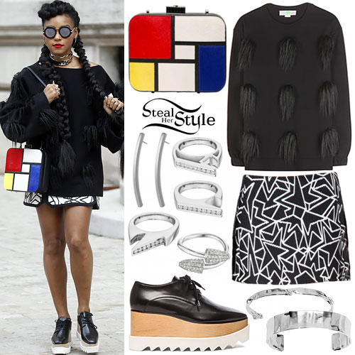Janelle Monae: Fur Sweatshirt, Mondrian Bag