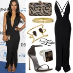 Karrueche Tran: Plunge Maxi Dress, Black Sandals