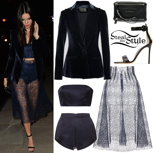 Kendall Jenner: Velvet Blazer, Lace Skirt | Steal Her Style
