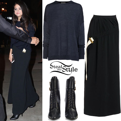 Selena Gomez: Blue Sweater, Black Maxi Skirt | Steal Her Style