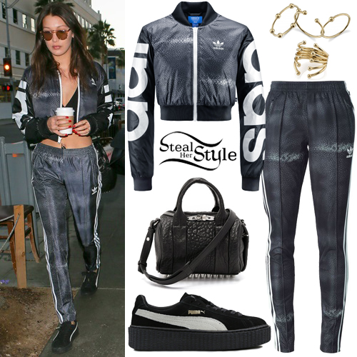 Bella Hadid: Crop Bomber Jacket, Track Pants | Steal Her Style