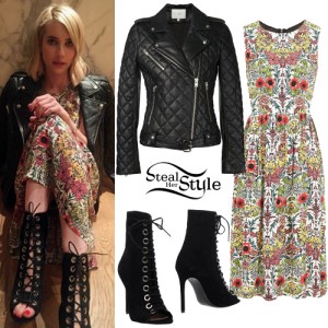 Emma Roberts: Floral Dress, Quilted Leather Jacket | Steal Her Style
