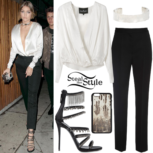 Gigi Hadid: Silk Draped Top, Black Pants | Steal Her Style