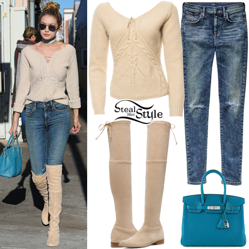 Gigi Hadid in beige sweater and beige suede thigh high boots in Beverly  Hills on November 17 ~ I want her style - What celebrities wore and where  to buy it. Celebrity Style