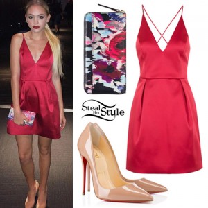 Jordyn Jones: Red Satin Dress, Floral Clutch | Steal Her Style