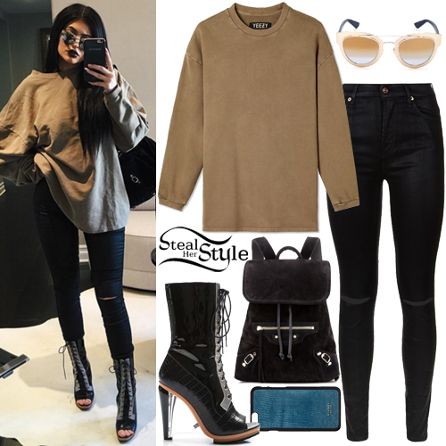 Kylie Jenner: Khaki Sweatshirt, Ripped Jeans | Steal Her Style