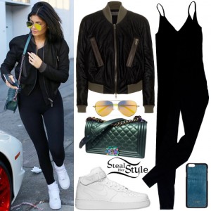 Kylie Jenner: Crop Bomber Jacket, Black Unitard | Steal Her Style