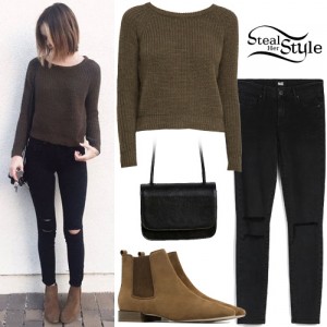 Acacia Brinley: Khaki Sweater, Black Jeans | Steal Her Style
