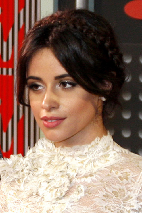 Camila Cabello Straight Dark Brown Crown Braid Updo Hairstyle Steal Her Style 3910